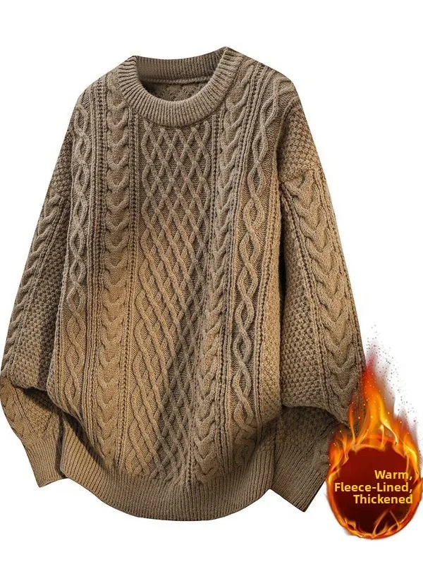 

Мужской вязаный свитер с круглым вырезом, на флисовой подкладке, с узором «косы», повседневный, из полиэфирного волокна, с длинными рукавами, утепленный, для зимы, как внутренний слой