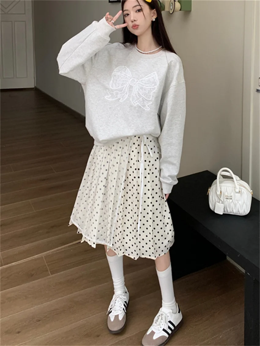 Alien Kitty Oversize Sweatshirts Women Grey Chic Casual New All Match 2024 Polka Dots Maxi Skirts Daily Office Lady Spring
