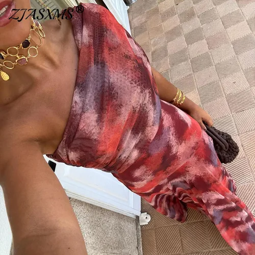 Vestido largo plisado sin mangas con un hombro para mujer, vestido Sexy de fiesta con estampado elegante de primavera, vestidos bohemios huecos con espalda descubierta para verano