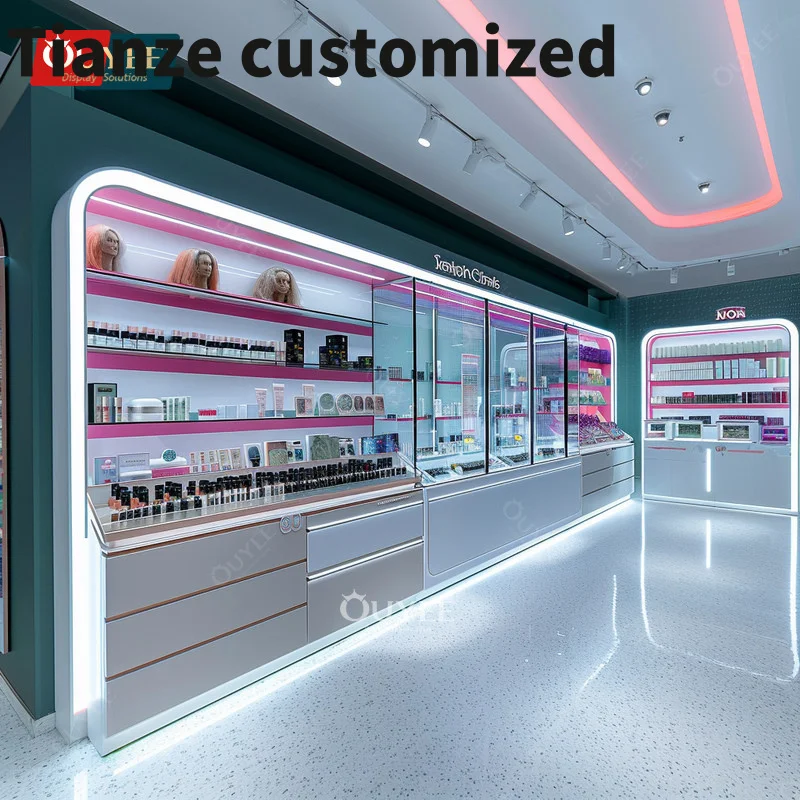 Customized-High quality Beauty Shop cosmetic display perfume table wig display glass locked beauty display cases