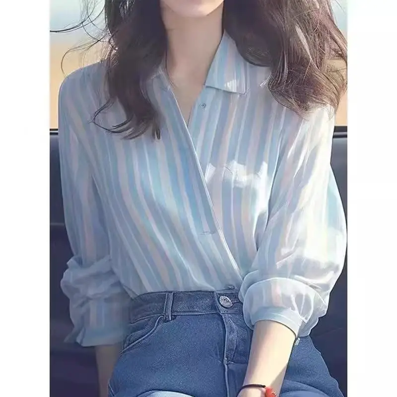 

2025 Spring Autumn New Blue Striped Shirts Women Blouse Long Sleeve Polo Neck Casual Office Lady Korean Fashion Blusas Mujer Top