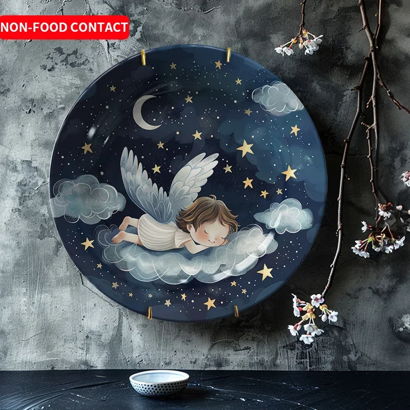 1 Angel Flying Ceramic Decorative Plate | Hand-Painted Starry Sky with Deep Blue and Golden Night Sky - Non- Contact Safe Round
