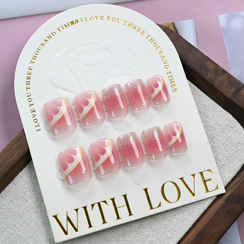 24 Uds. De uñas postizas de Ballet con gradiente blanco, color rosa desnudo, almendra, flores brancas y borrosas, colorete, limón, brillo, uñas postizas