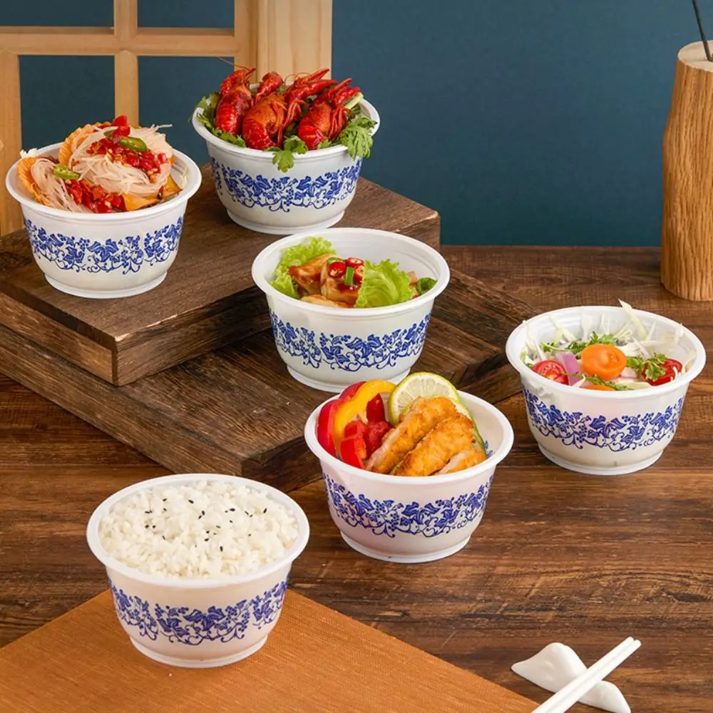 

40pcs Porcelain Pattern Disposable Plastic Bowl Resistant To Deformation Round Fast Food Bowl Thickened Smooth Surface