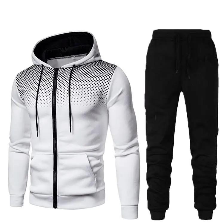 

Autumn Winter New Men's Sports And Casual Cardigan Zipper Hooded Pocket Sweatshirt Plush Trousers Polka Dot Men's Wholesale Set
