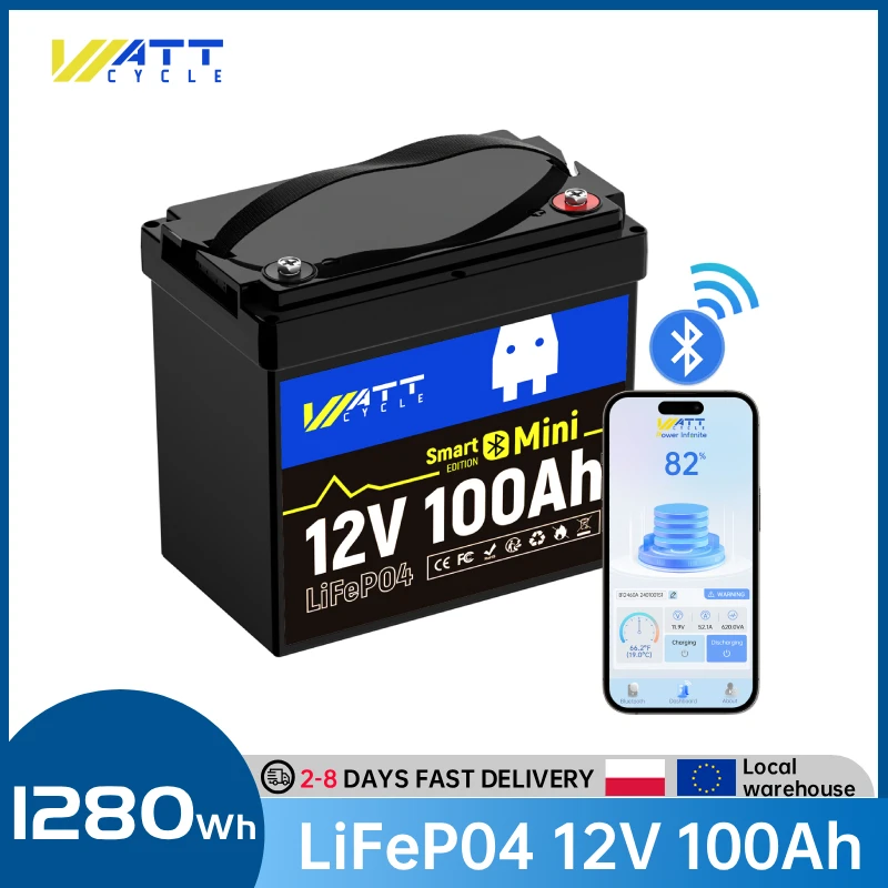 Wattcycle 12V 100Ah Mini LiFePO4 Batterie mit Bluetooth, 15000 Deep Cycles, 100A Smart BMS Klasse A+, für Marine-Trolling-Motoren und Wohnmobile
