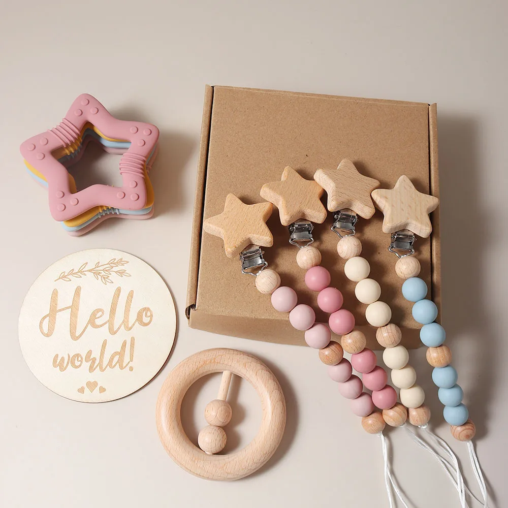 New born baby gift set silicone star teether wooden rattle Photography props