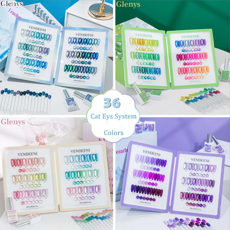 Set de esmalte de uñas gel serie ojo de gato Glenys de 36 colores, color popular neto rojo, gel de remojo, tarjeta de combinación de colores, juego de barniz UV LED 3