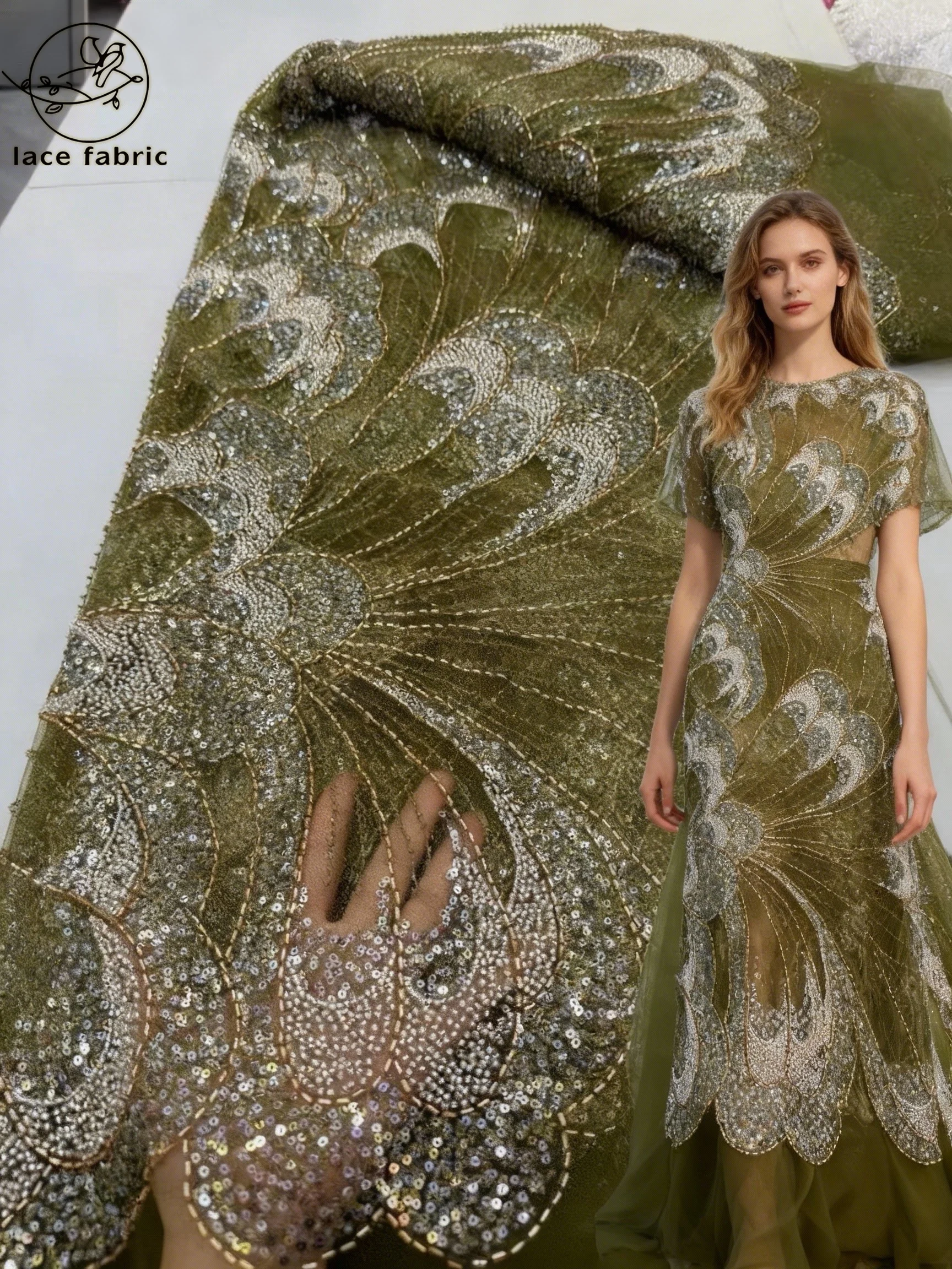 

Модная зеленая французская сетчатая ткань с вышивкой бисером и пайетками 2026 года, африканское нигерийское кружево для свадебных платьев и женской одежды