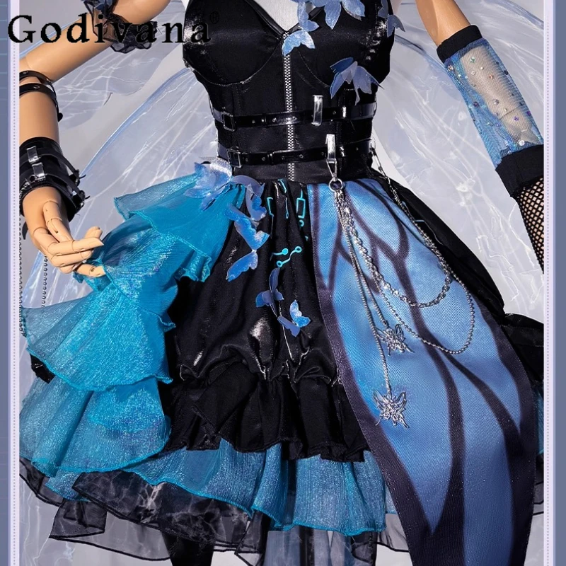 여성 할로윈 Cos 의류 드레스 세트 게임 애니메이션 블루 블랙 코스프레 정장 여성 나비 날개 소품 드레스 의상