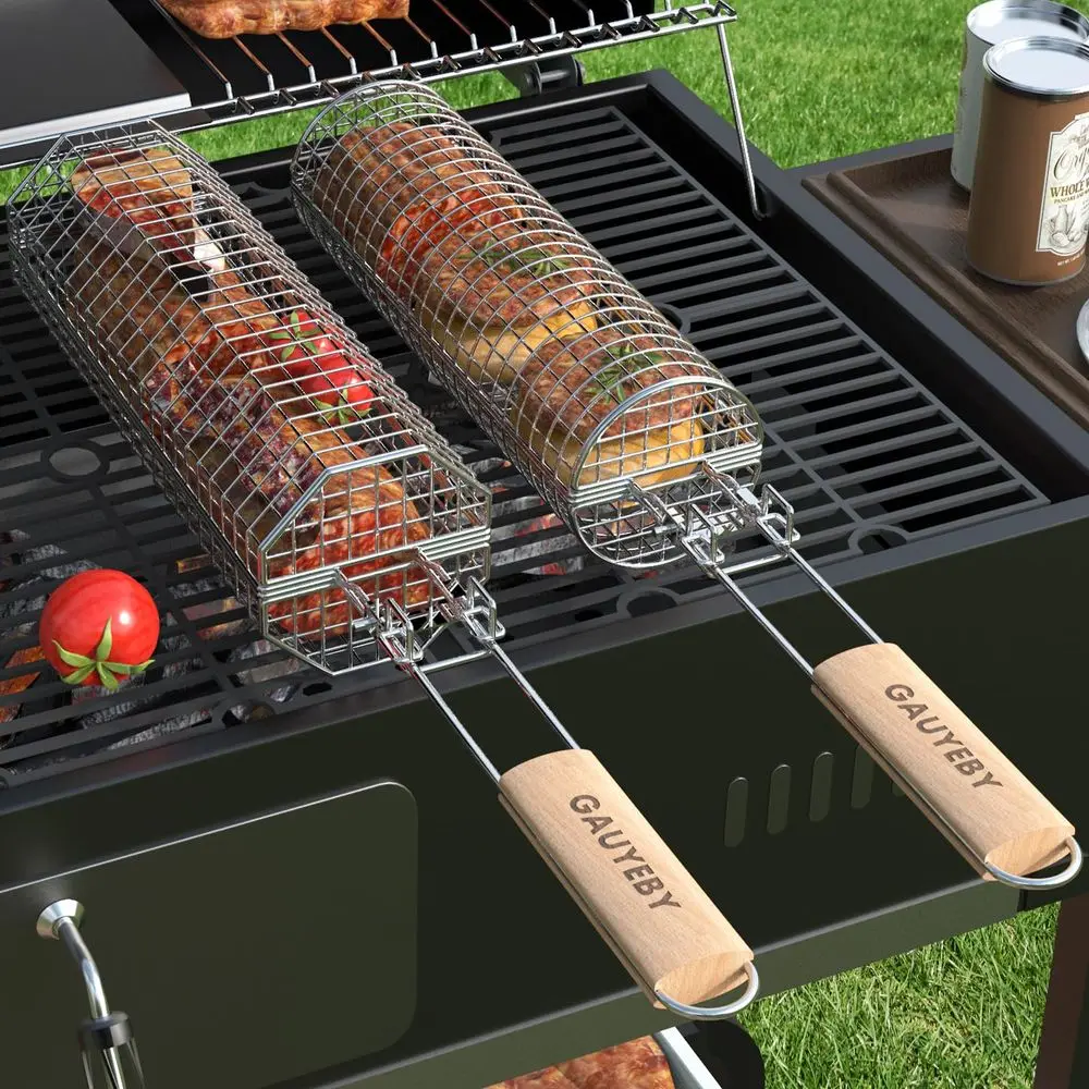 

Корзины для гриля, 2 шт., для уличного гриля, со съемной ручкой, из нержавеющей стали, с защитой от пригорания, для мяса, креветок