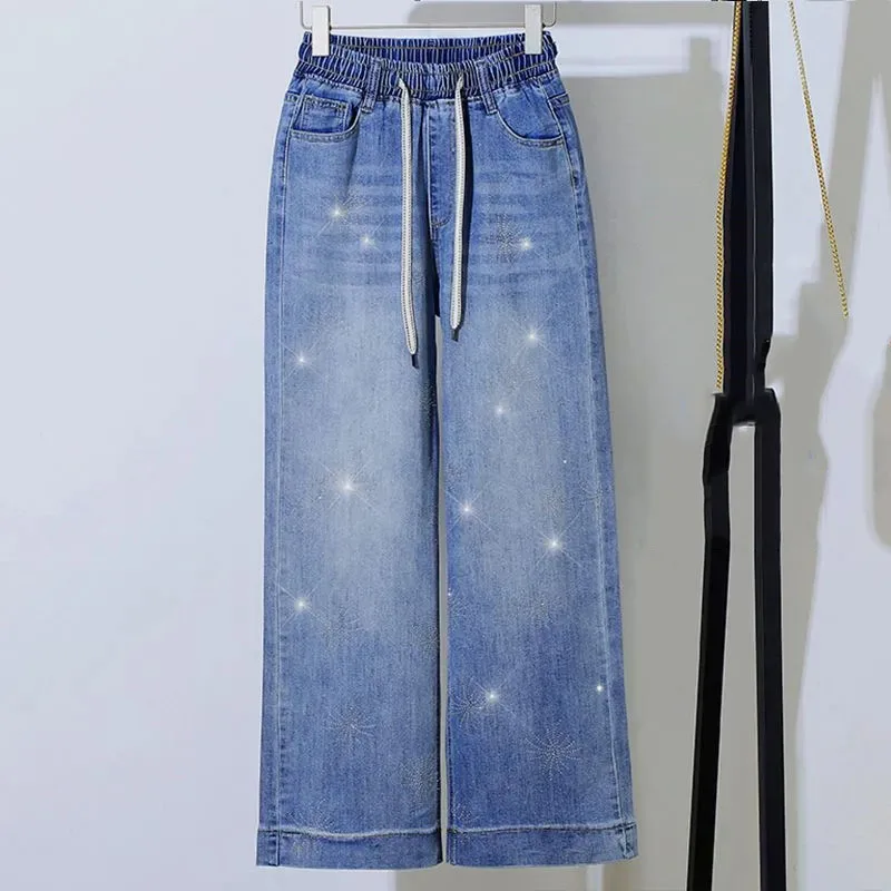 Large size Women's Jeans Spring Summer Hot Stamping Diamond Starry Print Jeans Women loose Casual Jeans Straight leg long Pants