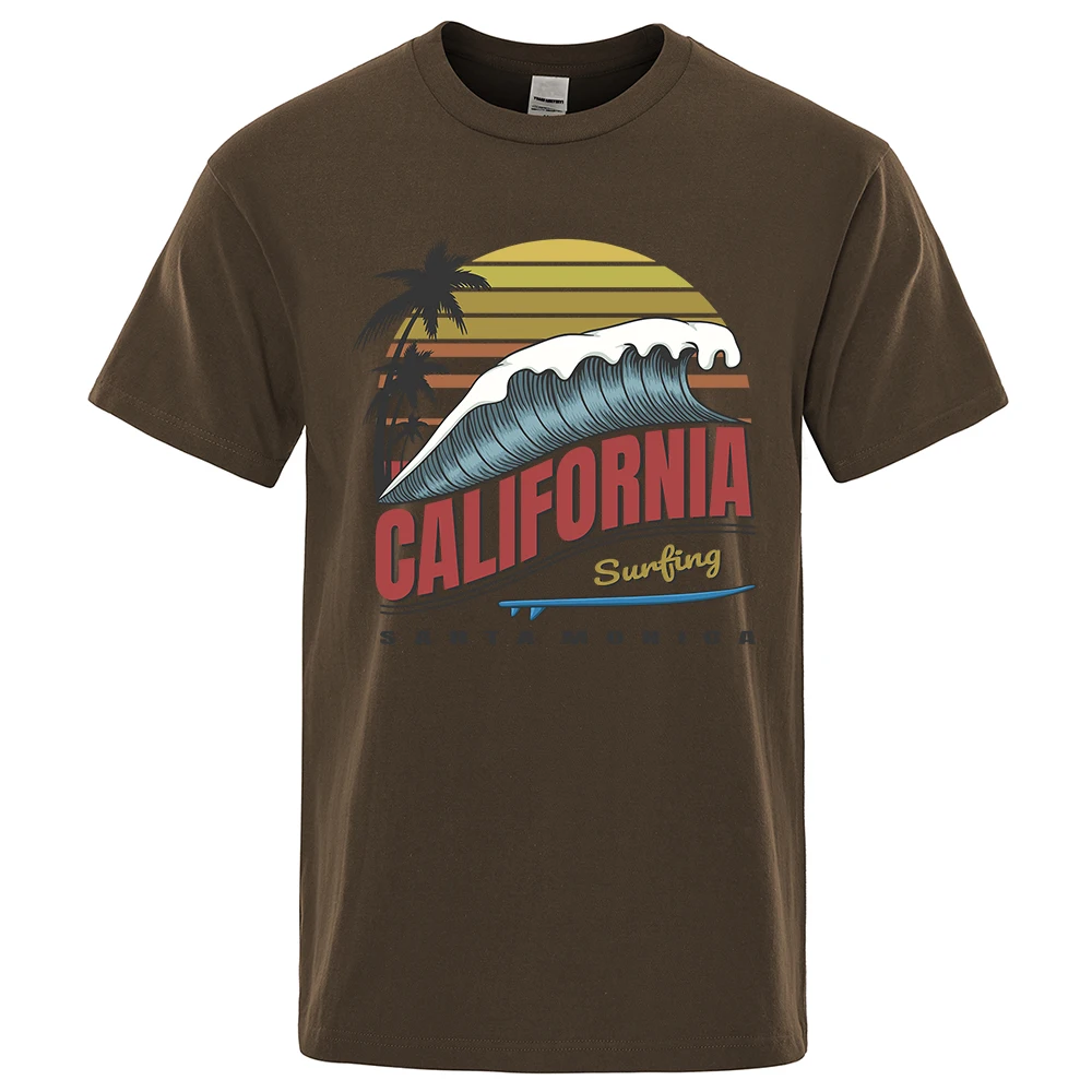 California Surfing Santa Monica Beach Printed Clothes Men Breathable Oversize T-Shirt Summer Cotton Tee Clothes Crewneck T-Shirt