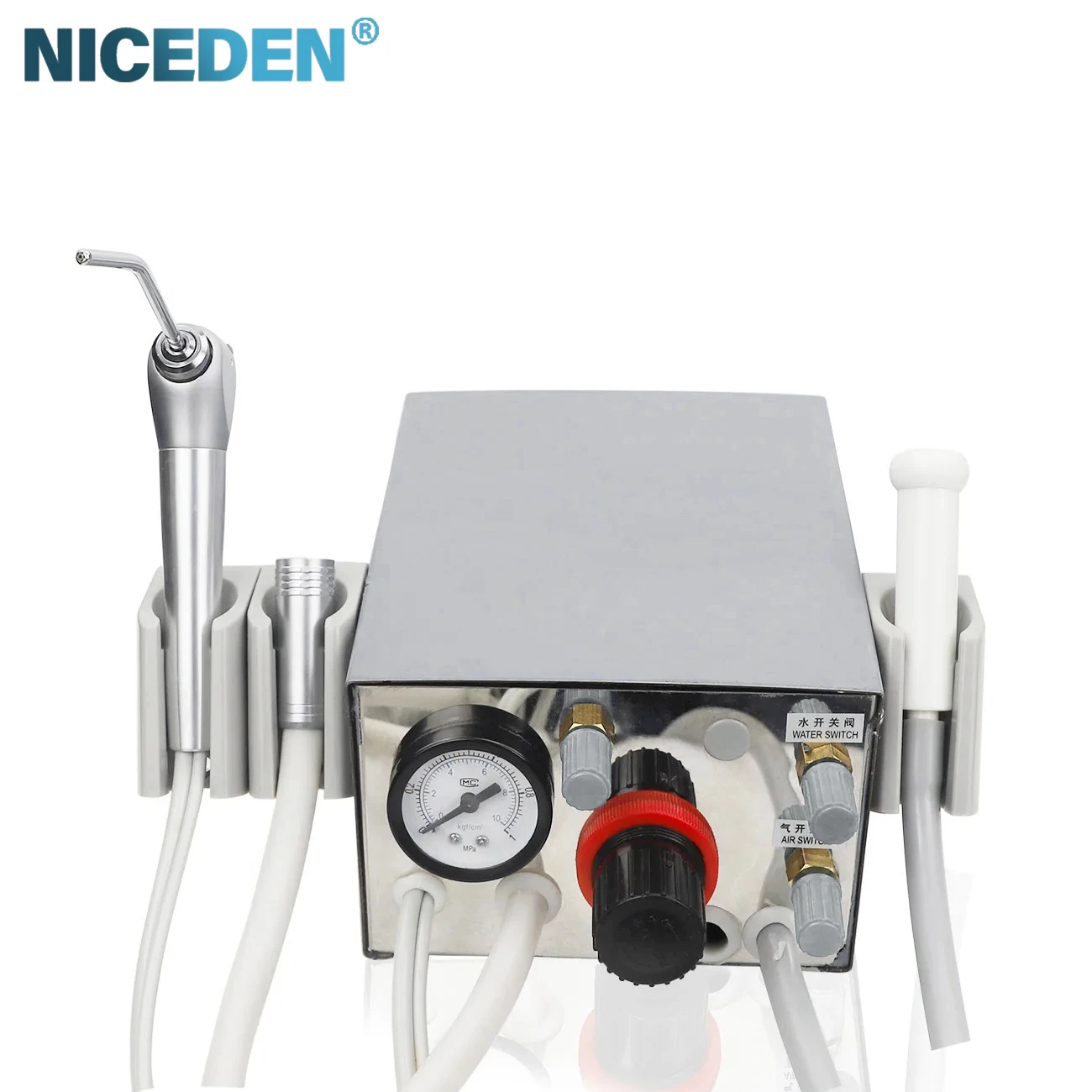 

Portable de ntal Turbine Unit with syri nge Suction Metal Shell 2 holes 4 Holes Handpiece Hose de ntal Instrument Accessories