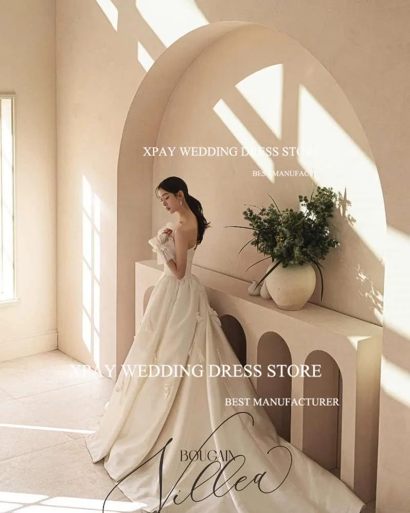 XPAY Simple Strapless Satin A Line Korea Wedding Dresses Photoshoot Custom Made Sweep Train Bridal Gowns Good Quality Elegant