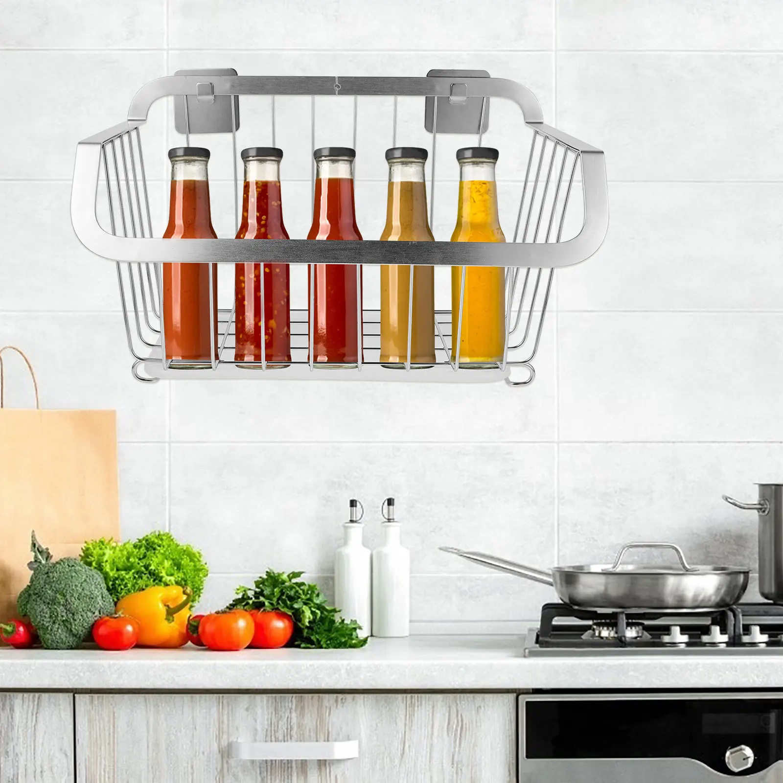 

Kitchen Hanging Storage Shelf No Drilling Stainless Steel Rust Proof Organizer Rack Bathroom Storage Basket Space Saving Hollow