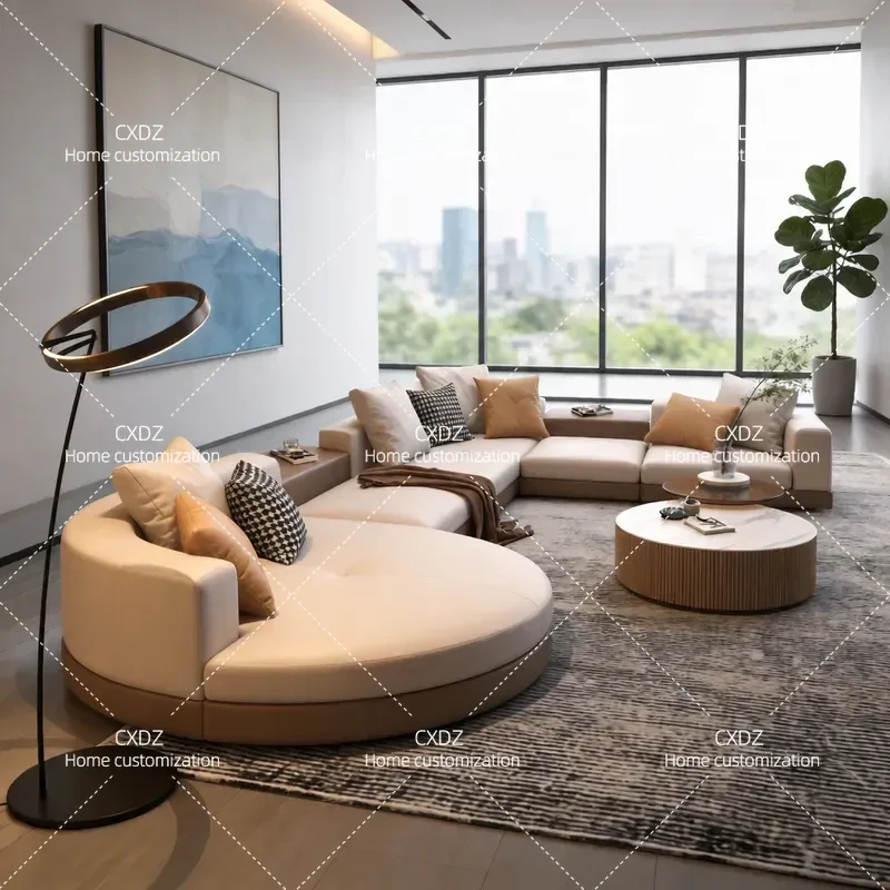 Minimalist Leather Fabric Sofa Light Luxury Living Room Large Flat Floor Villa Arc Shaped Sectional Couch Modern Home