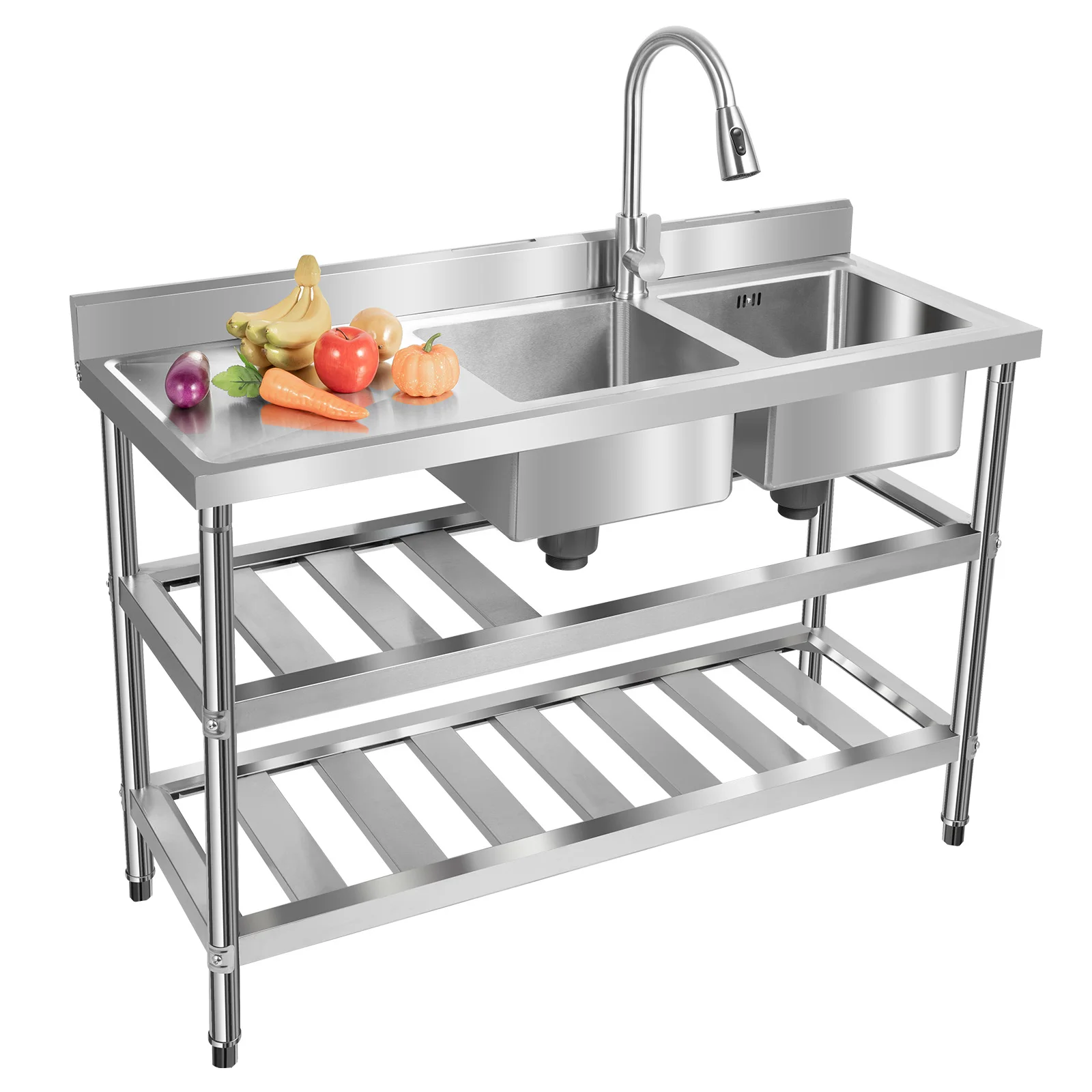 Commercial stainless steel Rectangle double groove kitchen sink with hot and cold faucets 3 Tiers Maximum Loading 400kg/882lbs