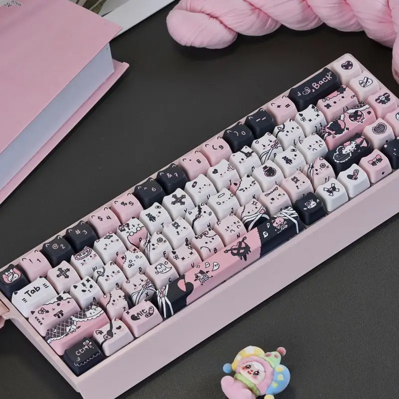 Cute Cat Mechanical Keyboard Keycap Set MOA Height PBT Material Black Pink Theme Heat-Transfer Design for Gaming And Typing