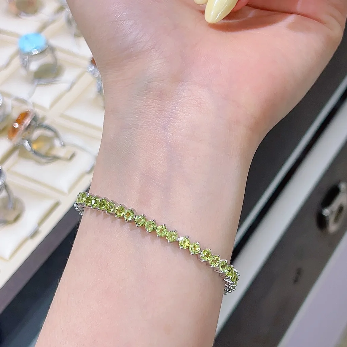 S925 Sterling Silver White Gold Plated Full Round Natural Peridot Tennis Bracelet Fresh Green Daily Women Bracelet