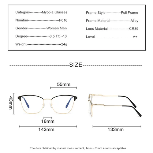 Imagen 2 del producto Gafas para miopía, -0,5 a -10, montura de mariposa para hombres y mujeres, bloqueo de luz azul o lentes fotocromáticos, prescripción personalizada F016