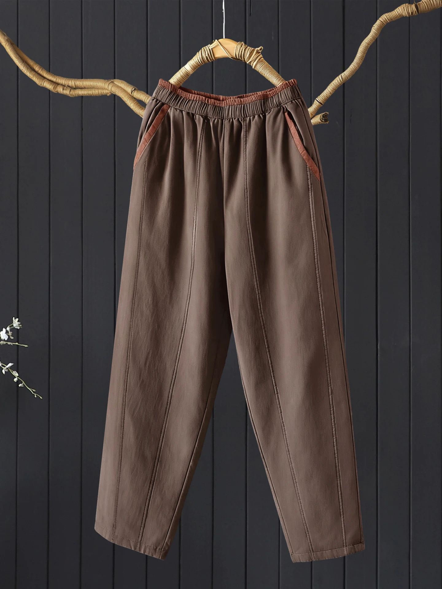 Pantalon de banlieue Harajuku Sle en coton Thiened Pantalon ajusté pour femme Taille élastique Pantalon long décontracté chaud Couleur contrastée...