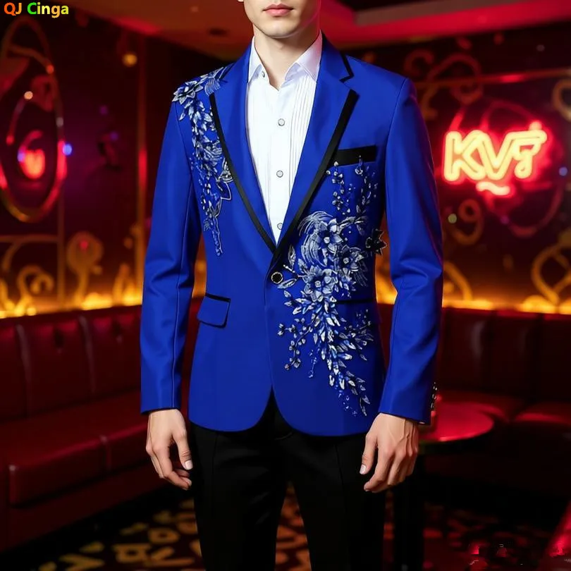 

Men's Blue Lapel Trimmed Two-Piece Suit, Wedding/Party/Host Stage Performance Costume, Fashion Long Sleeve Jacket with Pants.