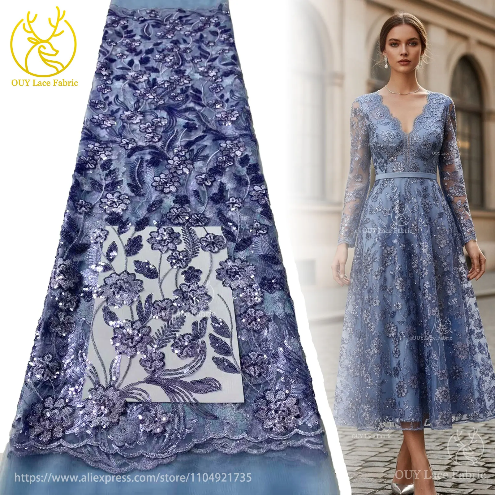Afrikanische Pailletten Stickerei Spitze Stoff Hohe Qualität Französisch Nigerian Pailletten Tüll Spitze Stoff Damen Kleid Hochzeit Kleid Nähen – Detail 2