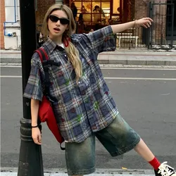 Deeptown Vintage Short Sleeve Plaid Shirts Y2k Woman's Oversized Harajuku Fashion Check Blouses Korean Style Tops Summer Stylish