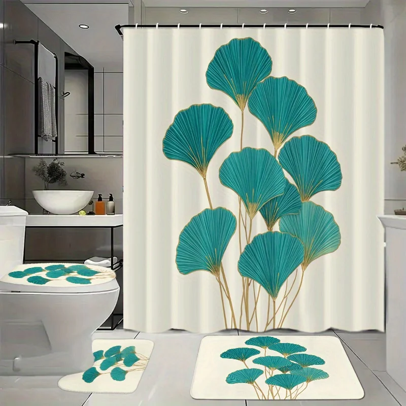4pcs Bathroom Set Shower Curtain with 12 Hooks Floor Mat Toilet Contour Mat And Toilet Lid Mat Bathroom Decoration Bathroom Acce