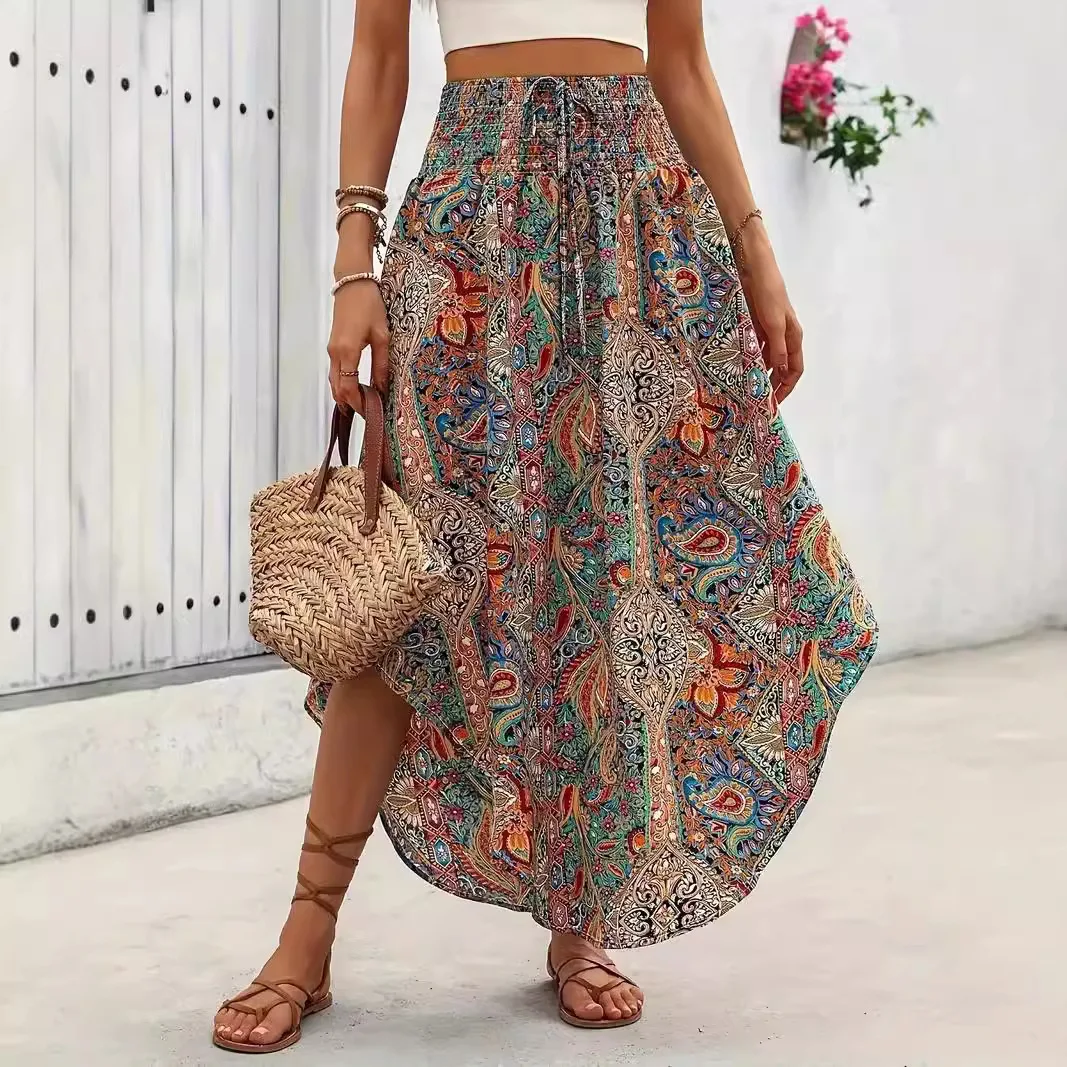 

2025 popular spring and summer new bohemian style personalized printing a-word skirt casual