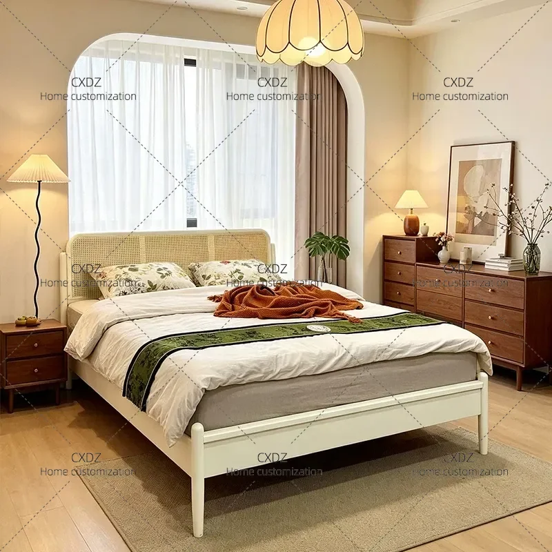 Modern Solid Wood Rattan Double Bed 1.5m Simple Style for Small Apartment Bedroom Customizable Natural Woven Frame