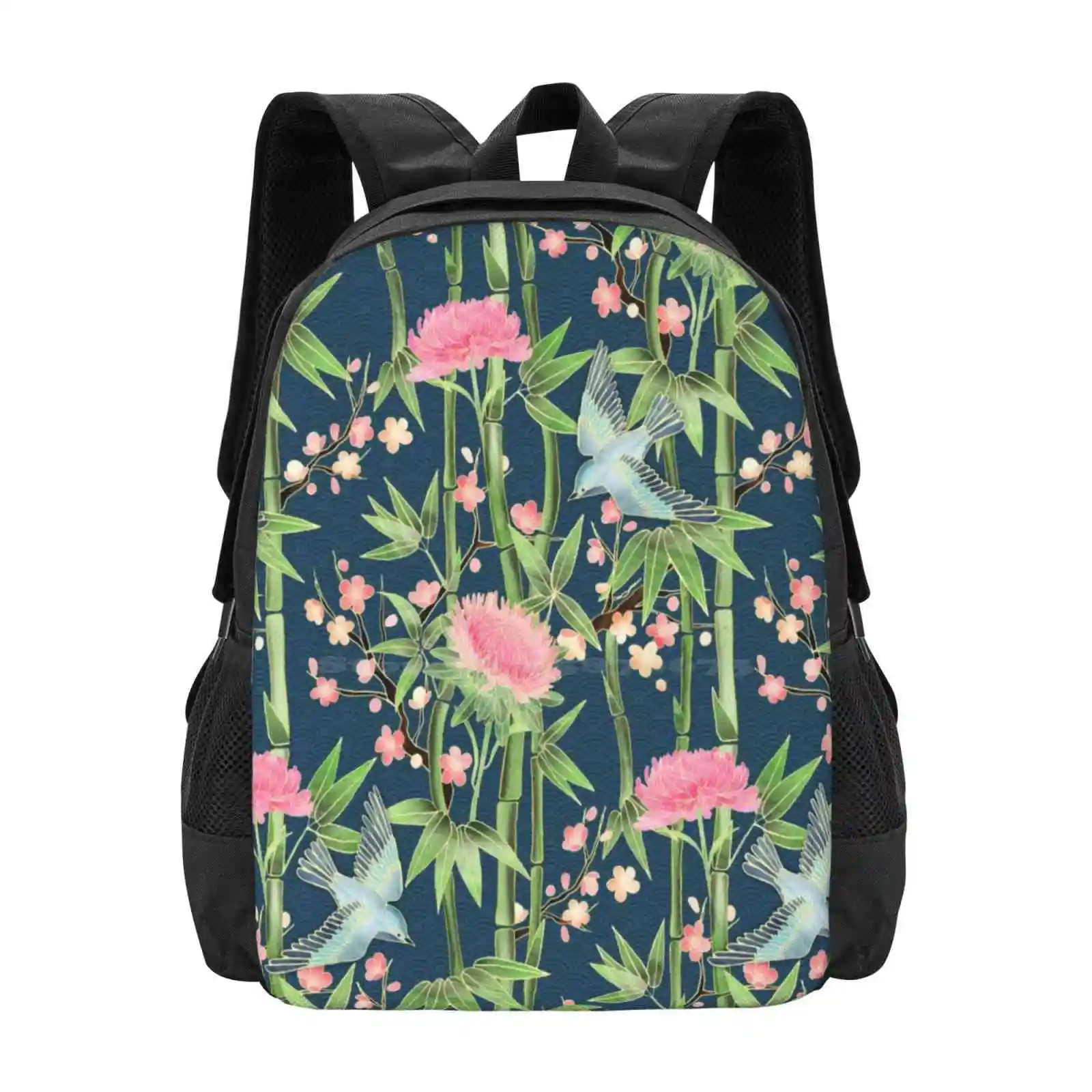 Bamboo , Birds And Blossom-Dark Teal Pattern Design Laptop Travel School Bags Nature Garden Japanese Cherry Blossoms Bamboo