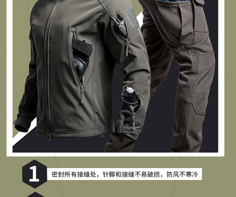 Herren Tarnanzug 2-teiliges Set mit Kapuze, winddichte Softshell-Jacke, Multi-Taschen-Cargohose, Militäranzug für Outdoor-Jagd und Wandern. – Detail 2