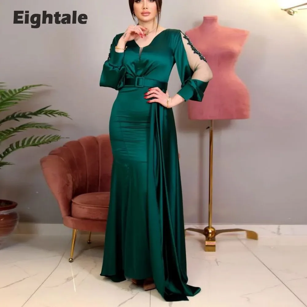 

Eightale Emerald Green Evening Dresses V-Neck Long Sleeves Mermaid Satin Floor Length Prom Party Gowns Formal Occasion Dress