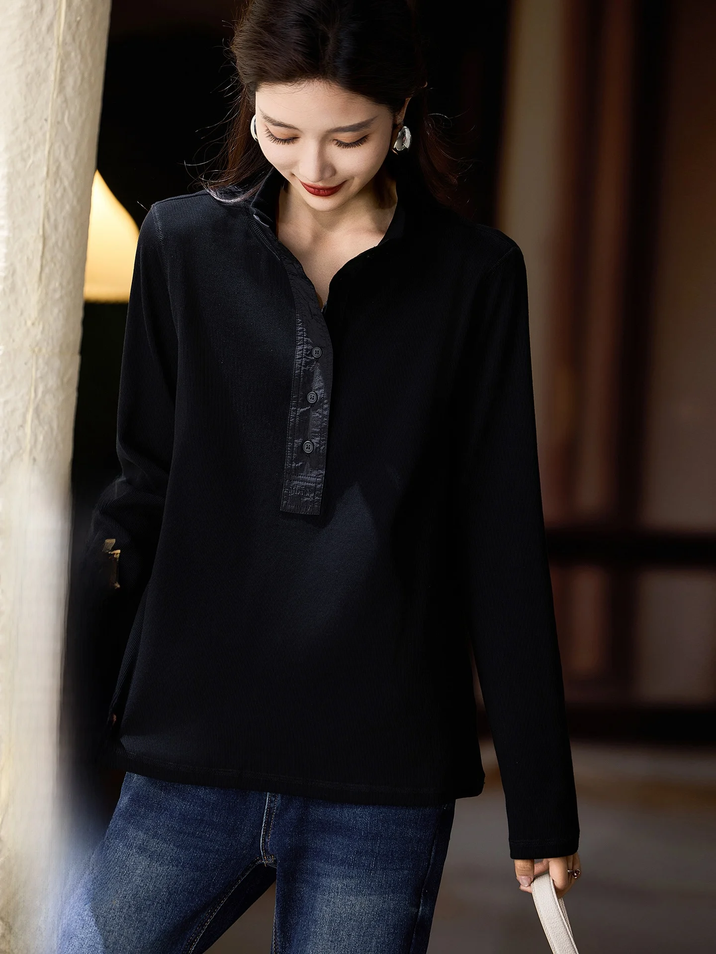 

Street Sle Loose Fit Long Sve T-irt Women's Spring New plus Size Patchwork Bla Top Casual Comfortable Cotton Blend