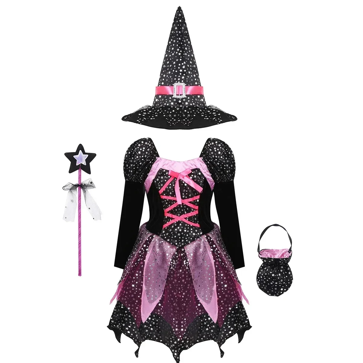 2024 Halloween Baby Girls Witch Dress+Hat+Wand+Candy Bag Costume for Kids Carnival Party Evil Witch Vestidos Set 2-12Y Clothes