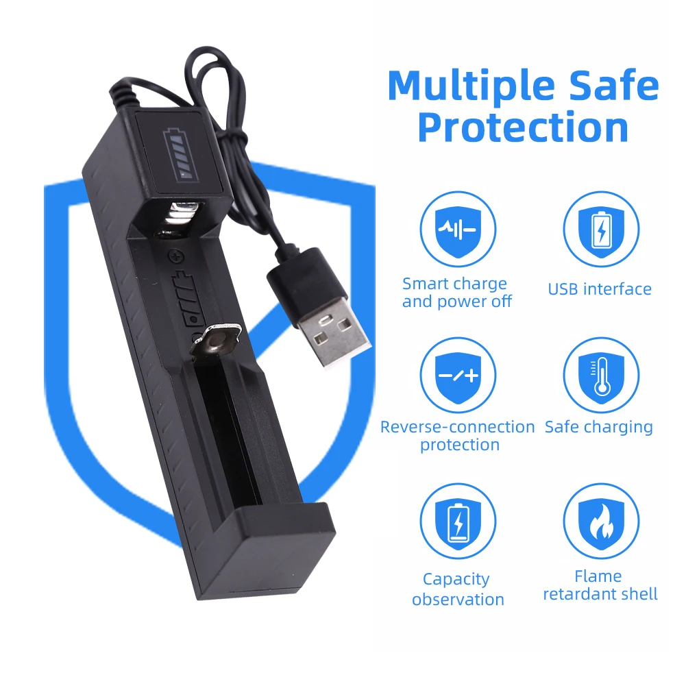 Battery Charger 18650 USB 1 Slot Universal Smart Quick Charging Rechargeable Lithium Battery Charger For 14500 16340 26650 18500