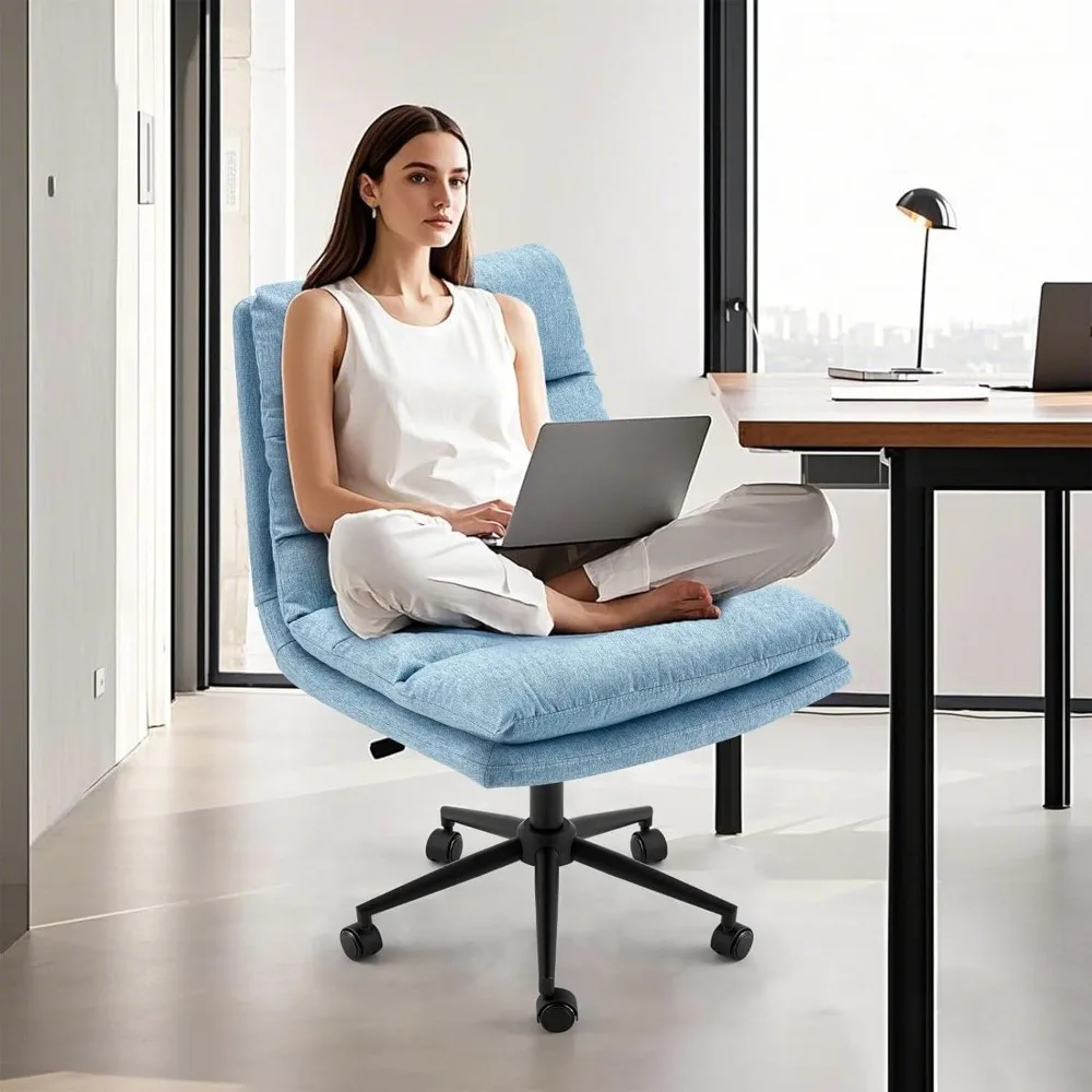 

Modern Cross Back Office Chair, 18" High Back Armless, Extra Wide, Comfortable, Blue Linen Fabric, 350 lbs Capacity