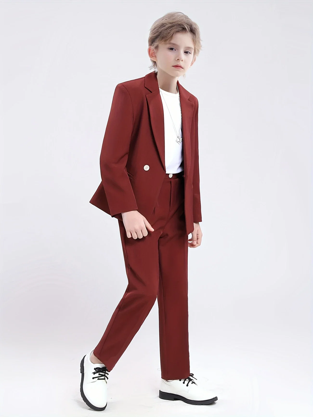 Kids Red 3Pieces Jacket Trousers Necklace Suit Set for Speech Piano Competition Hosting Flower Boys Wedding outfit Suit