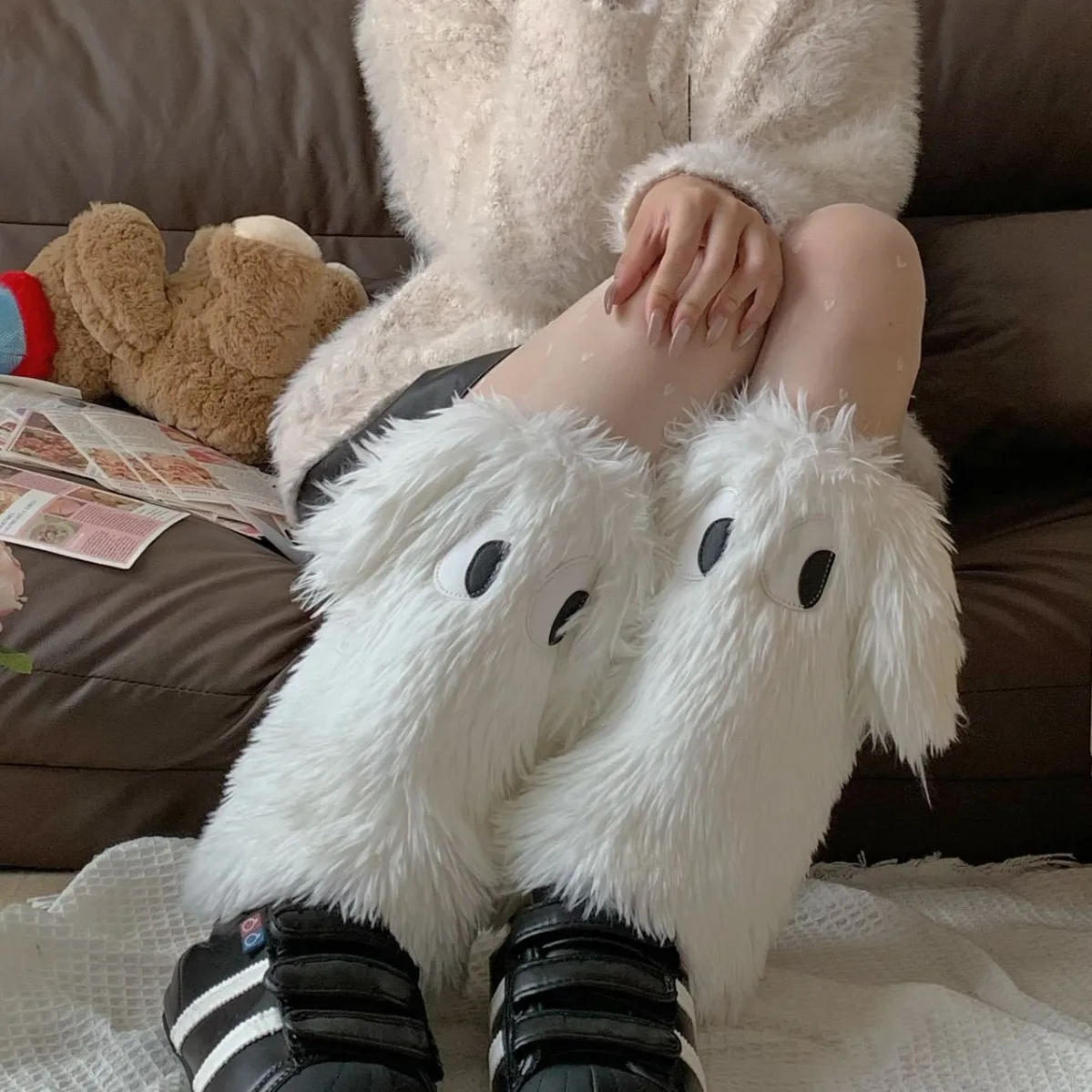 Winter Ladies Cartoon Plush Japanese Warm Leggings Kawaii Jk Girls Fashion Trendy Calf Sleeves Outdoor Warm Stacked Socks Sets