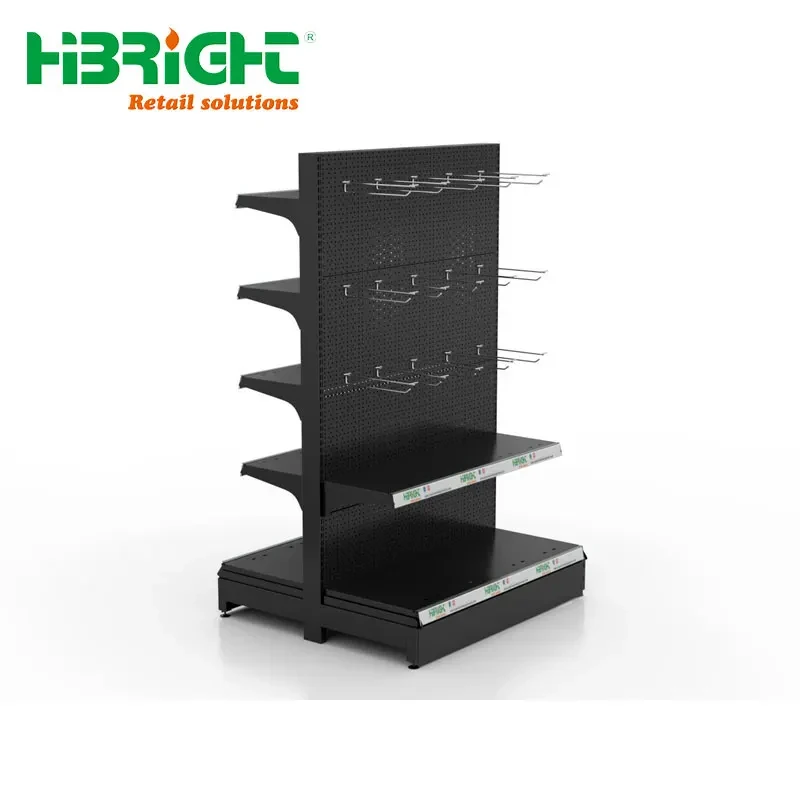 custom.Best Selling Customized Double Sided Wooden Round Display Racks Gondola Metallic Supermarket Shelves