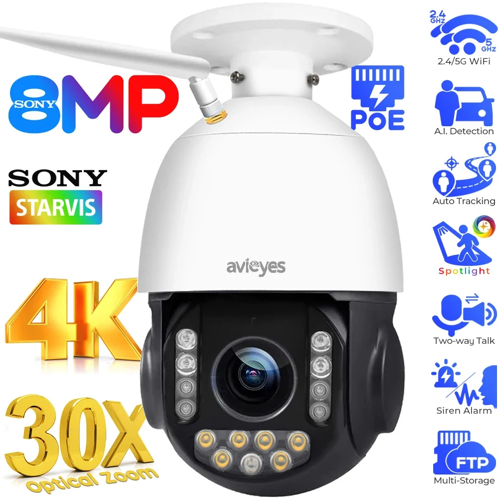 Câmera externa 4k ptz, zoom óptico 30x, câmera ip colorida, visão noturna, rastreamento automático, 8mp, 2.4/5ghz, wi-fi, câmeras de segurança sem fio