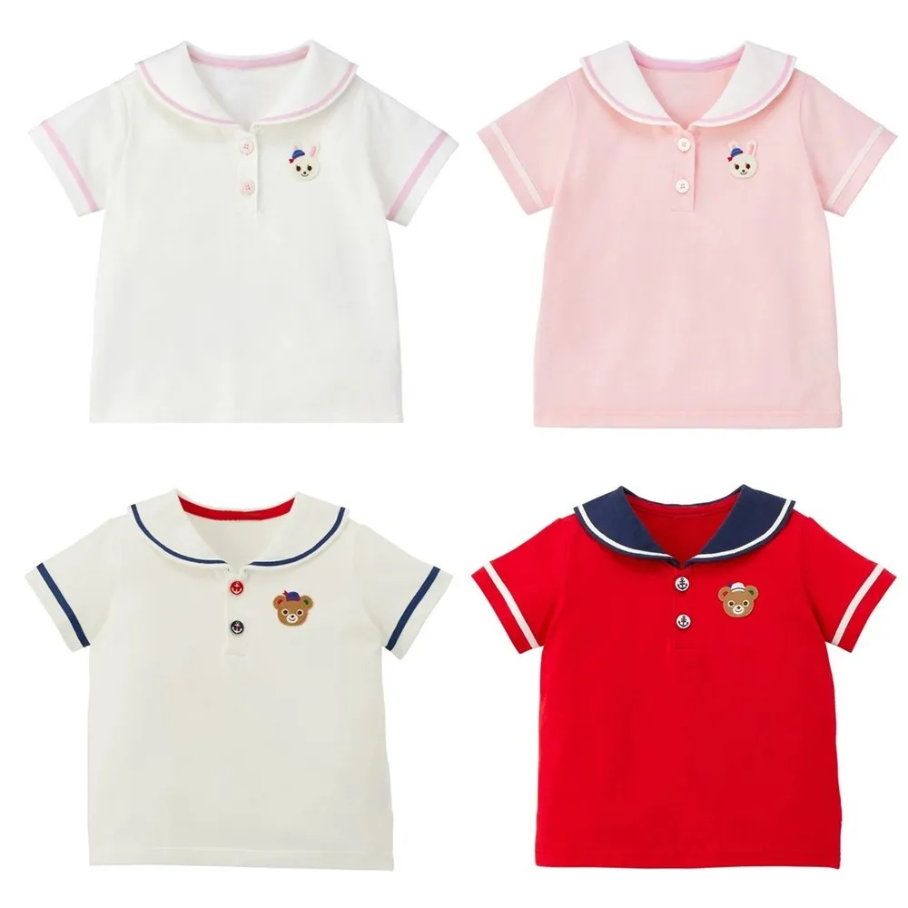 

kids tops summer boys girls t-shirts Cartoon pattern little bear and bunny sticker Navy style collar short sleeved T-shirt