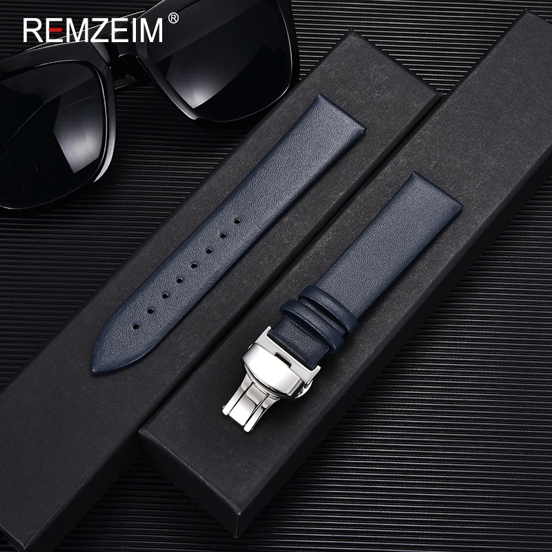 16mm 18mm 20mm 22mm Ultra Thin Soft Leather Strap Watchbands Watch Strap with Automatic Butterfly Clasp Buckle Bracelets