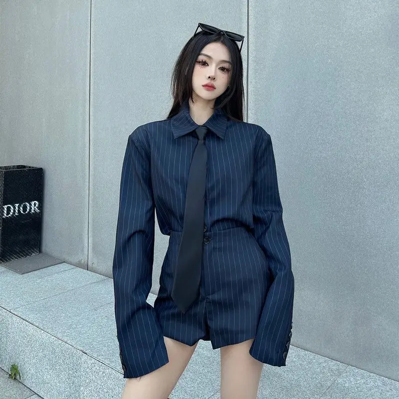 Short Sets Spring And Autumn Striped Long Sleeves Blouse Short Pants Two Piece Sets Womens Outifits Office Lady