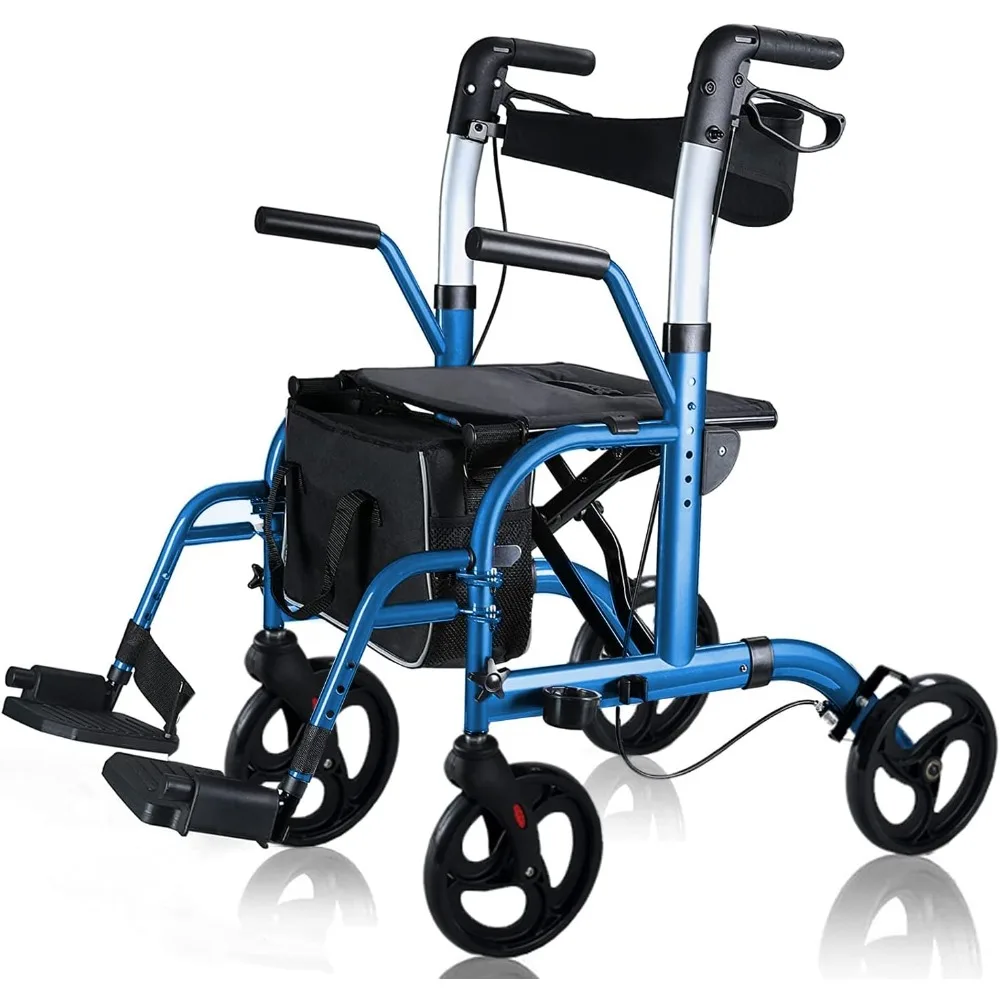 2 in 1 Rollator Walkers for Seniors with Padded Seat- Medical Transport Chair Walker with Adjustable Handle