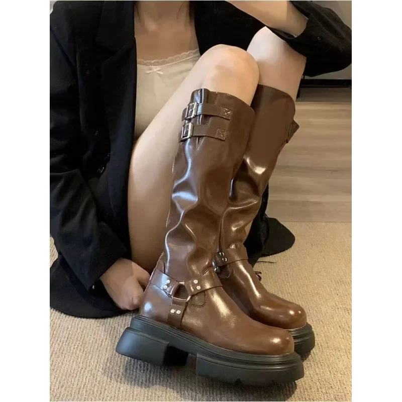 Women's Retro Long Tube Boots 2024 Trendy Vintage Western Boots Ins Style High Heel Thick Sole Knights Boots Latex Material