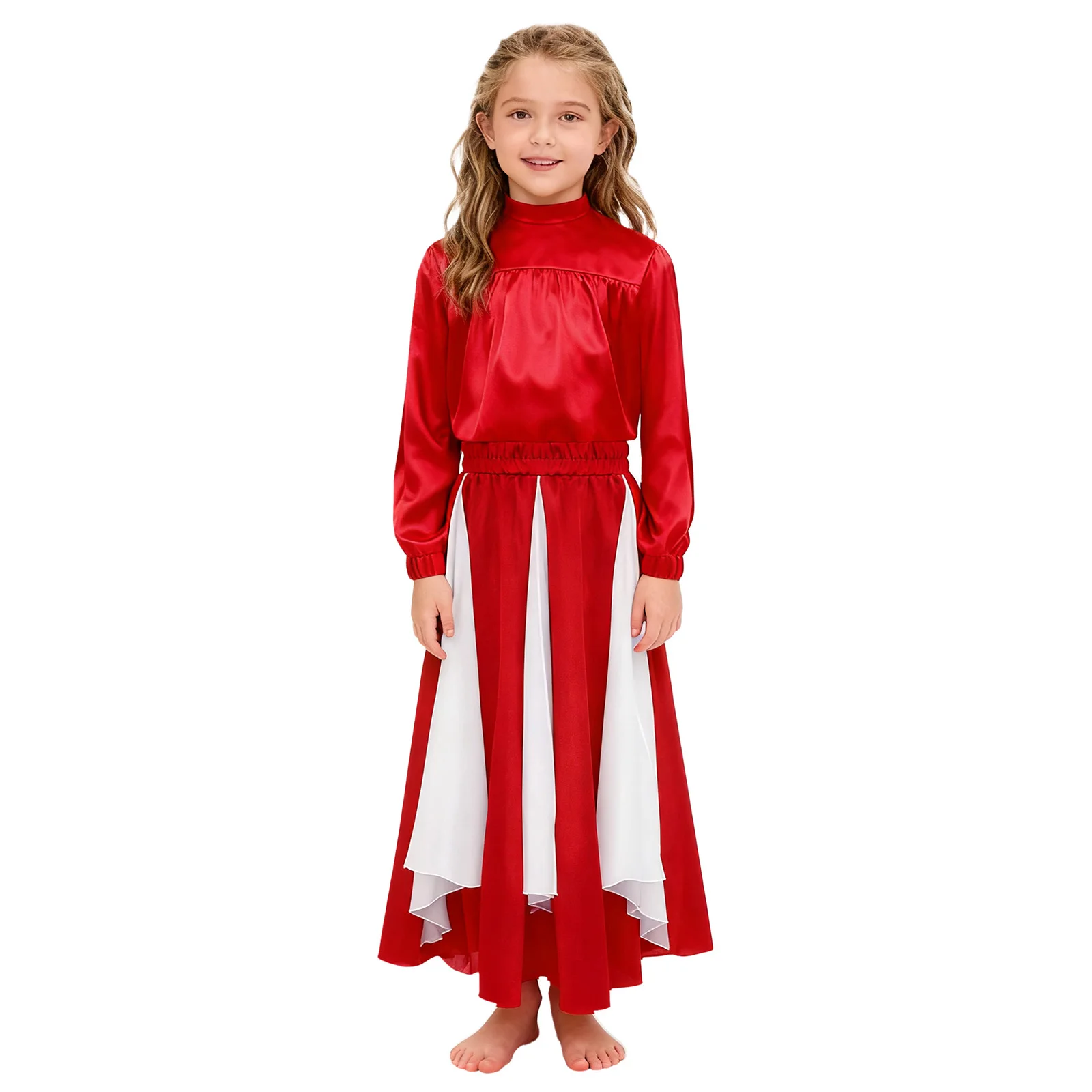 

Kids Girls Liturgical Praise Dance Outfit Mock Neck Long Sleeve Satin Top and Color Block Wide Hemline Chiffon Panel Satin Skirt