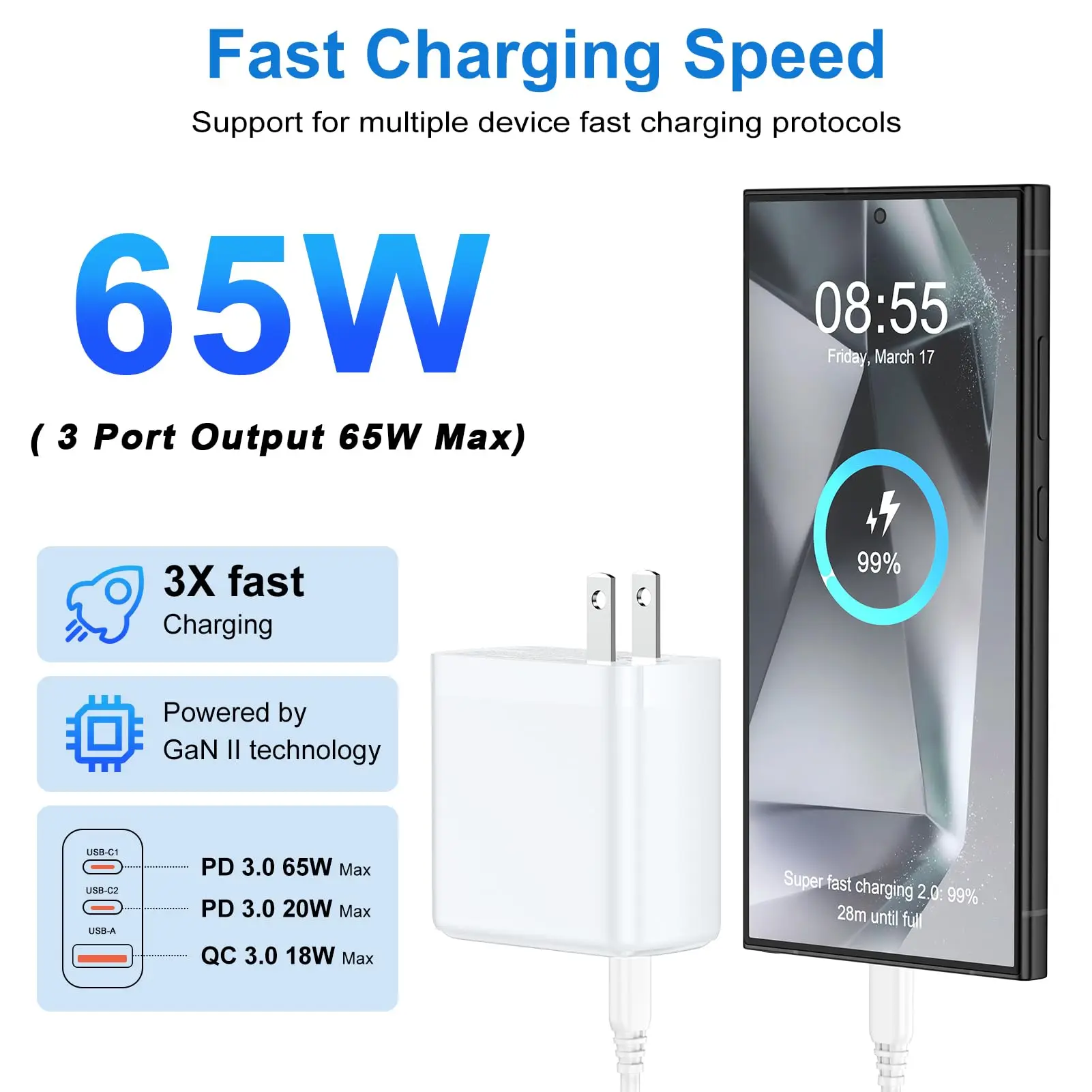 PD 65W GaN USB Type C Super Fast Charging For iPhone 16 15 Pro Max Samsung Galaxy S24 S23 Ultra Xiaomi EU US UK KR Quick Charger